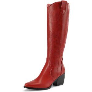 Women's Red Rubber Embroidered Cow Girl Knee High Comfortable Chunky Boots